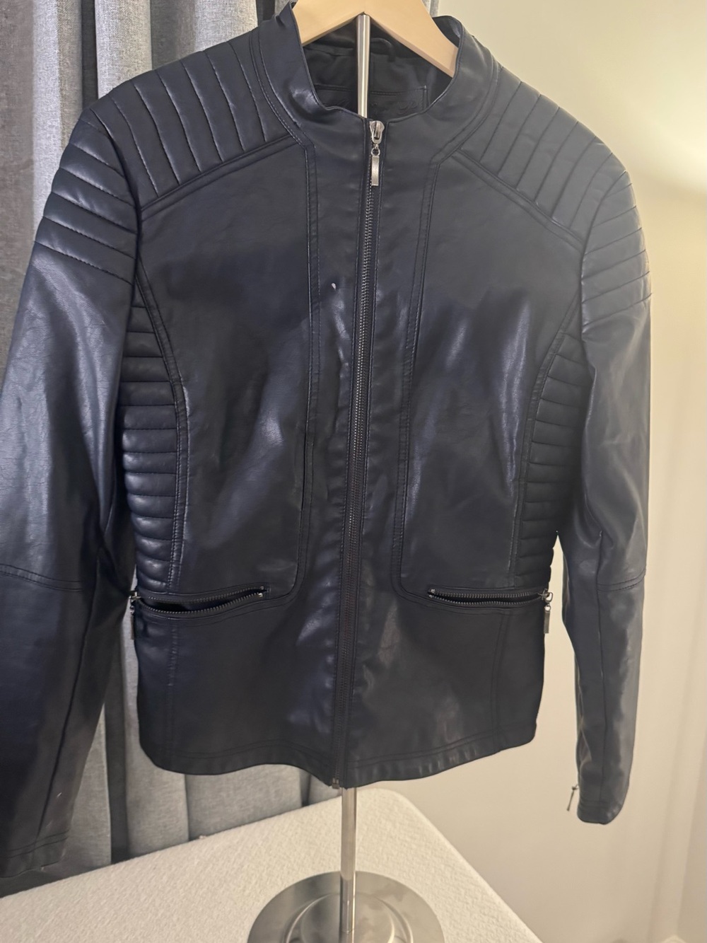 Black Quilted Faux Leather Jacket - Women’s Zip-Front Moto Style